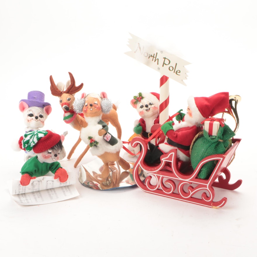 Annalee Christmas Figurines Including Santa's Sleigh and North Pole