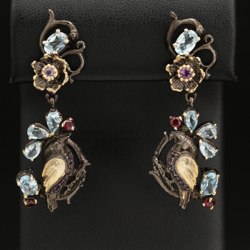 Sterling Bird and Floral Earrings