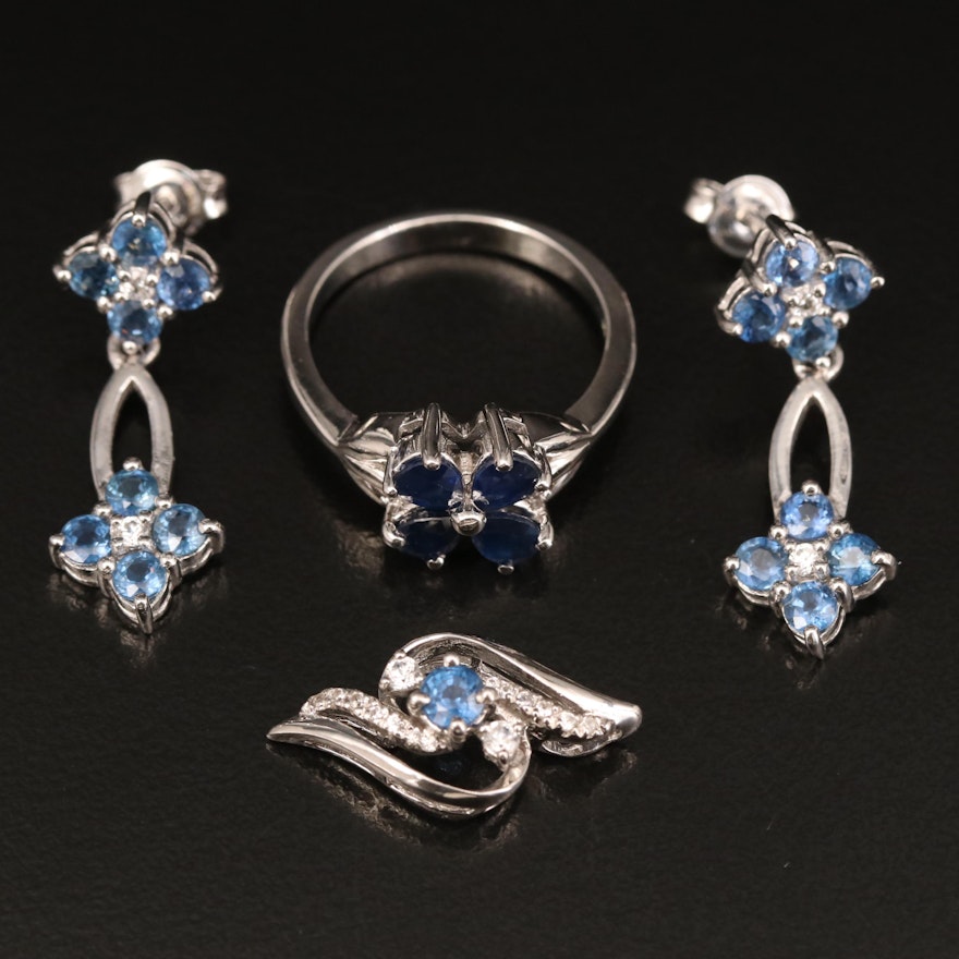 Sterling Sapphire and Zircon Pendant, Ring and Earrings