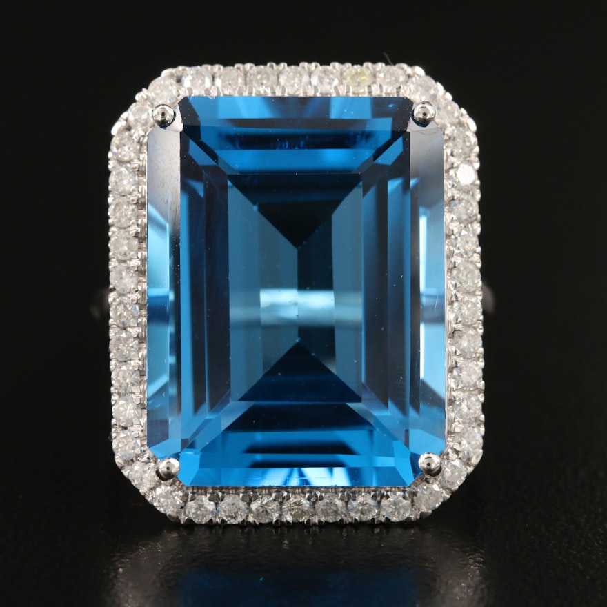 14K 27.08 CT Swiss Blue Topaz Ring with Diamond Halo