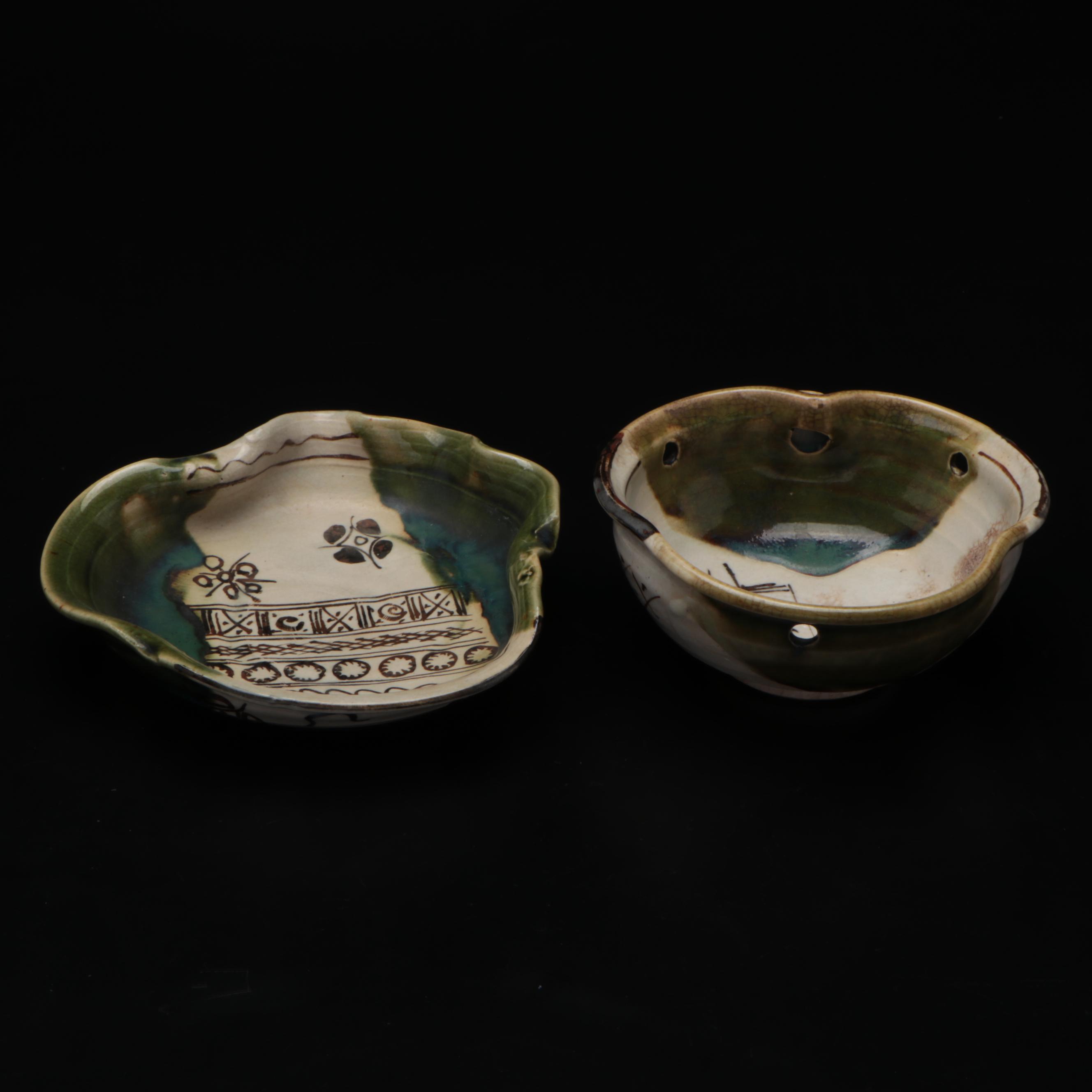 Japanese Oribe Ware Pottery Bowls, Late 20th Century
