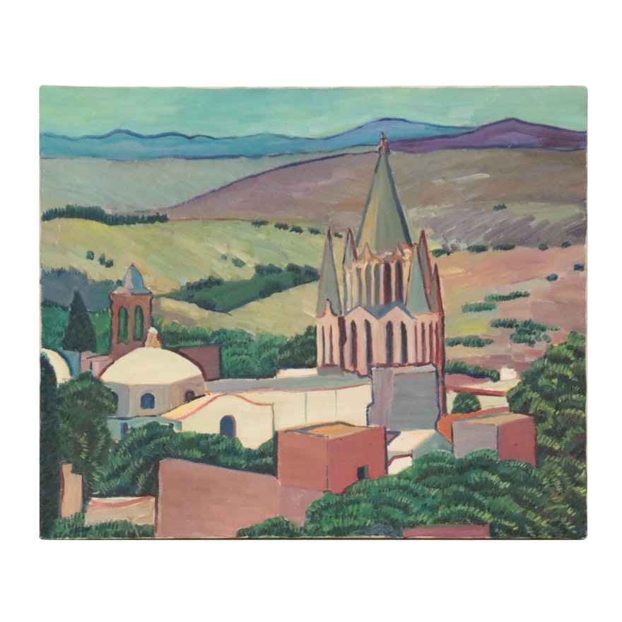Landscape Oil Painting with Cathedral, Mid-20th Century