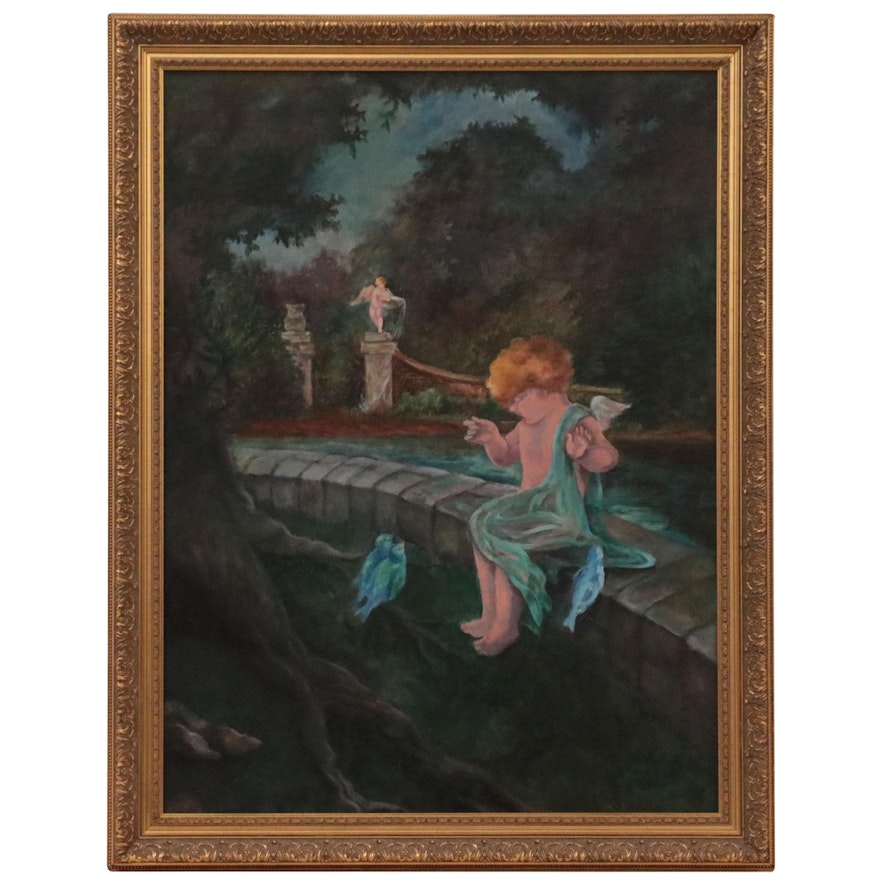 Allegorical Oil Painting of Cupid and Bluebirds, Circa 2000