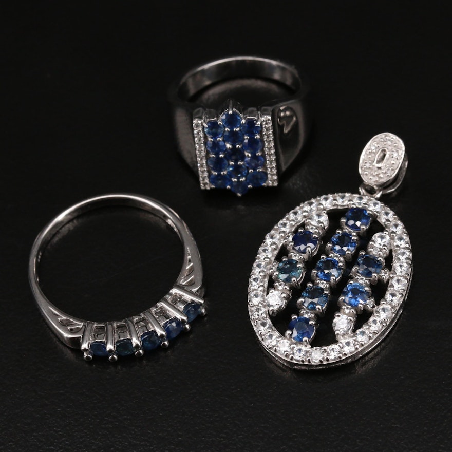 Sterling Silver Sapphire and Zircon Rings and Pendant