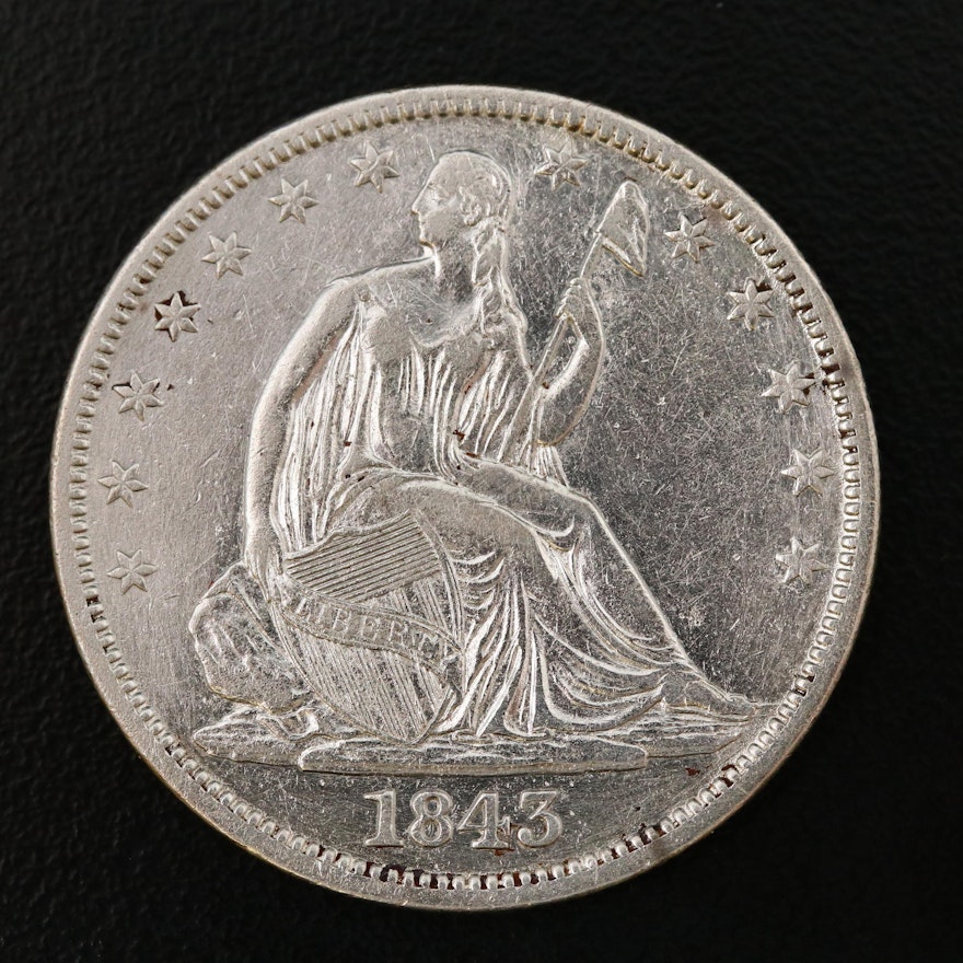 1843 Seated Liberty "No Motto" Silver Half Dollar