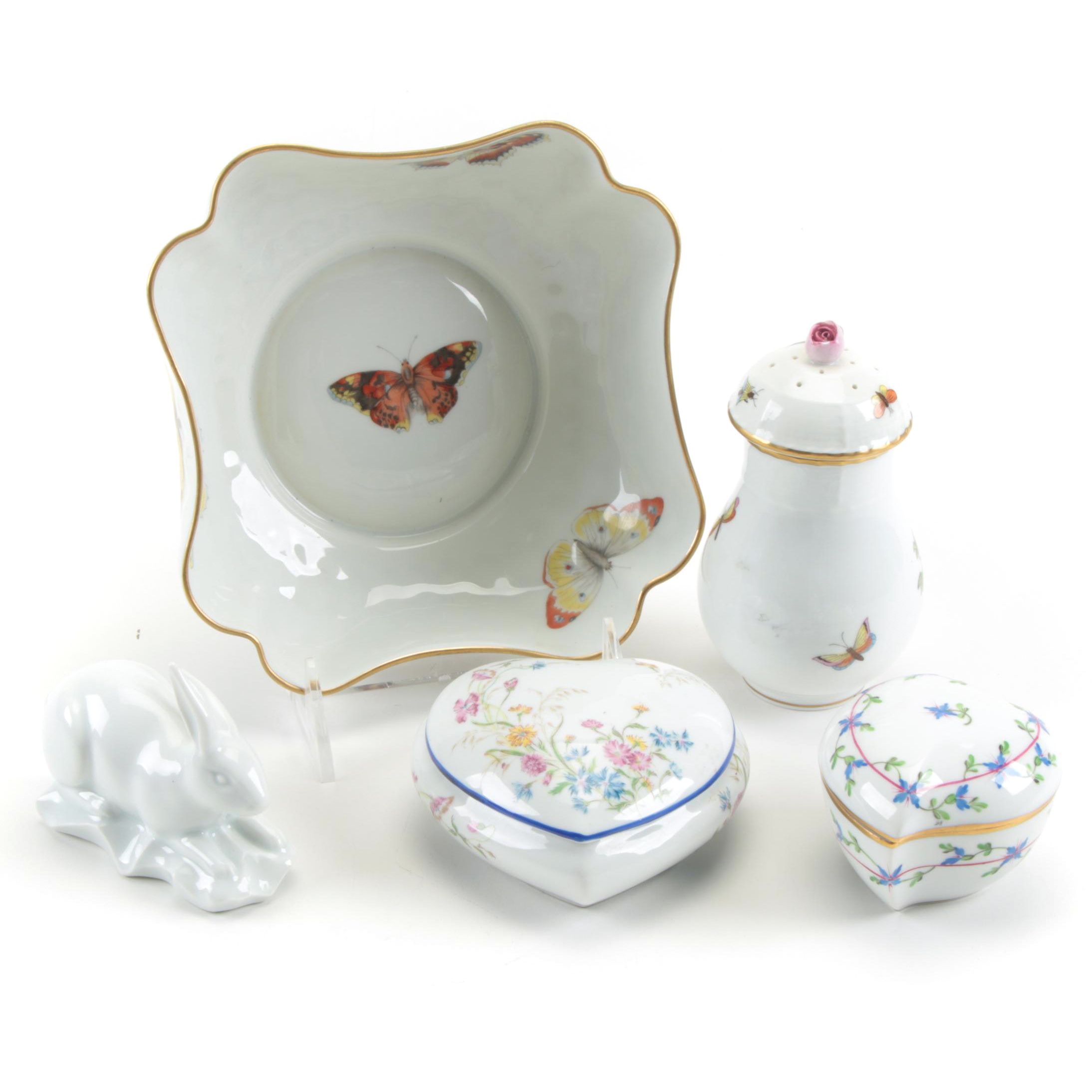 Herend "Rothschild Bird" Shaker with Other Hand-Painted Limoges Porcelain Décor