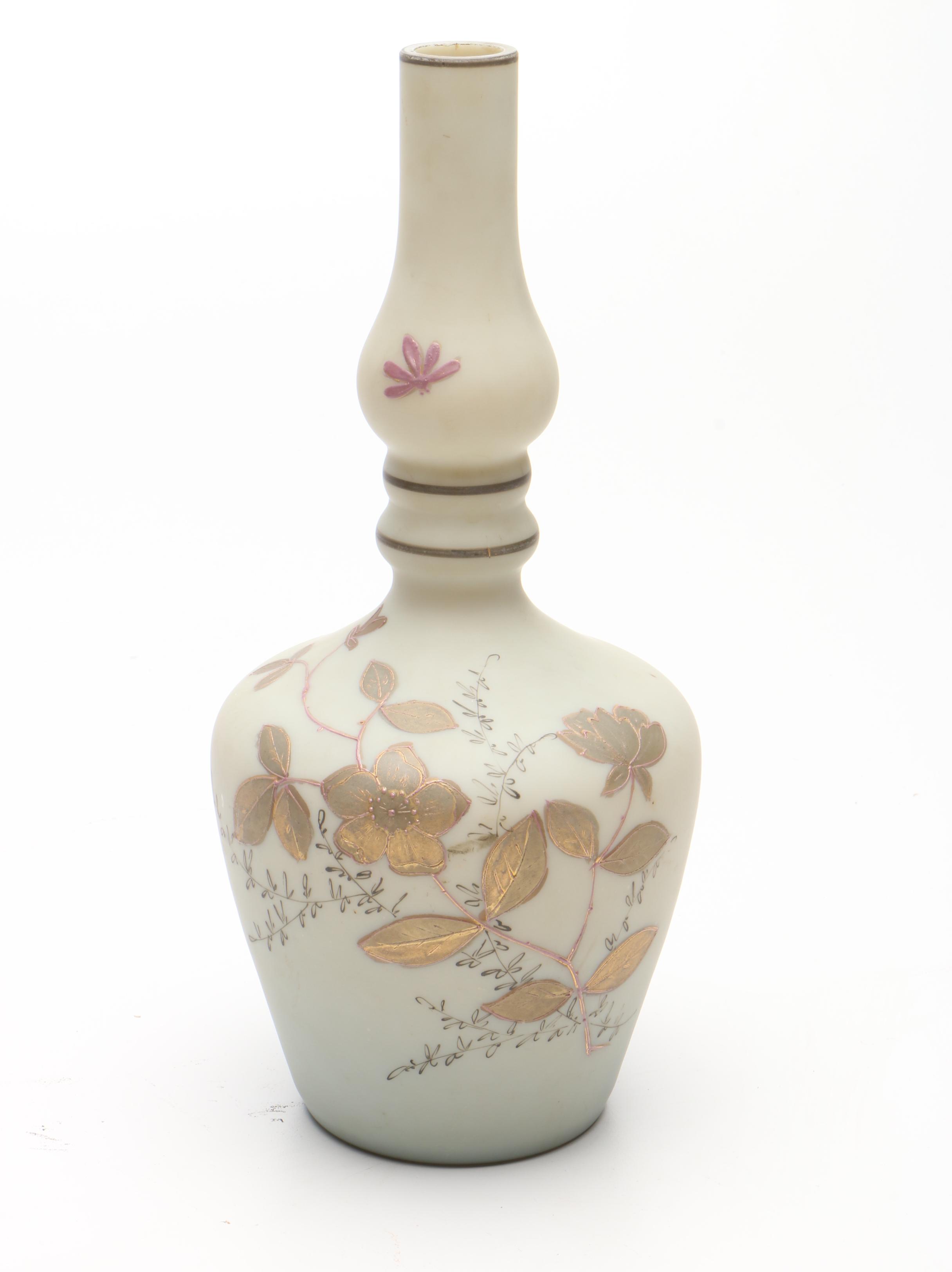 Victorian Opaque Glass Hand-Painted Bottle Vase and Other Tableware