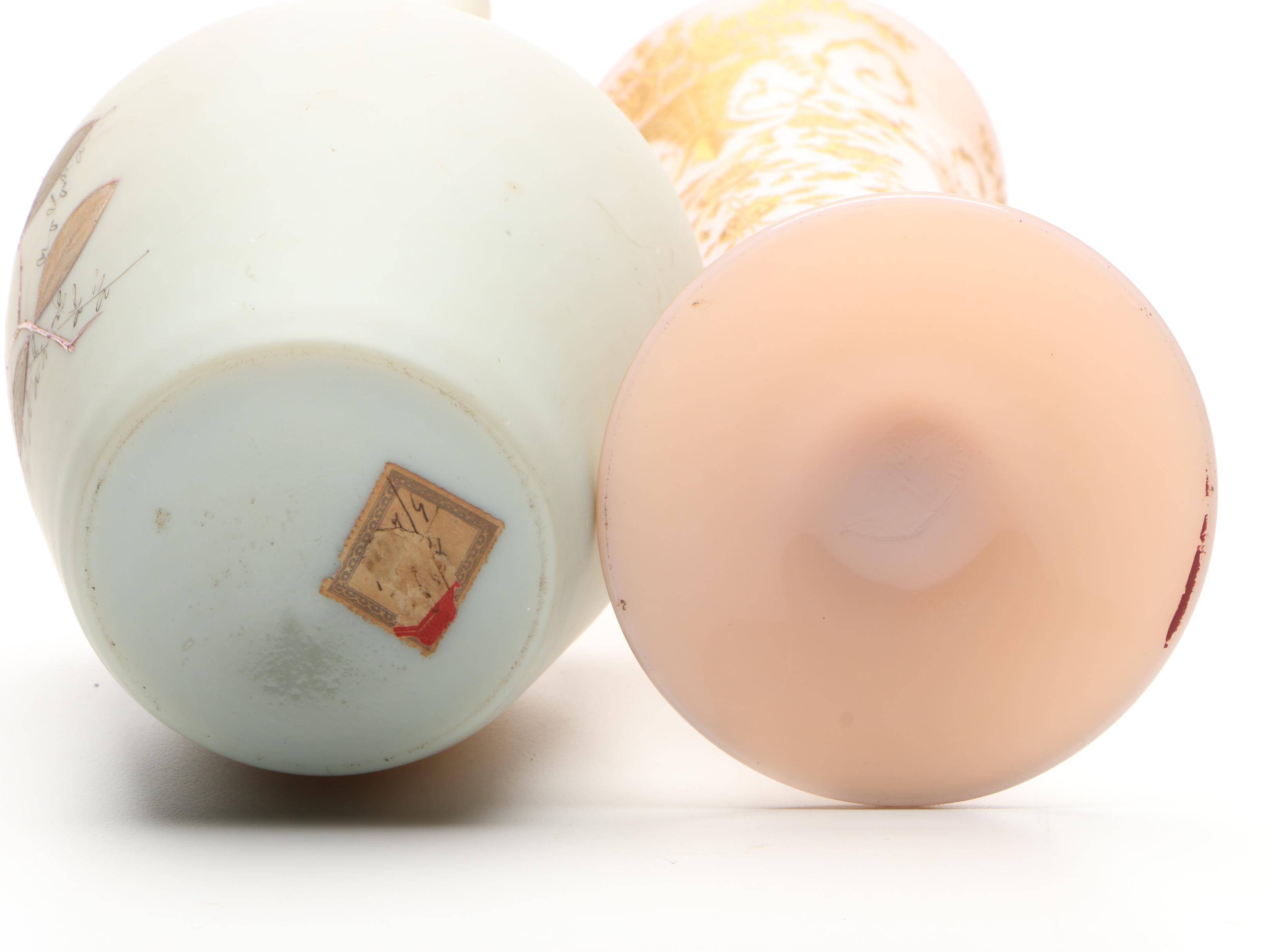 Victorian Opaque Glass Hand-Painted Bottle Vase and Other Tableware