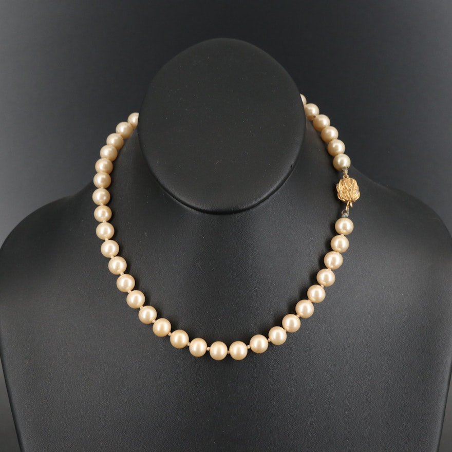 Vintage Faux Pearl Collar Length Necklace with Foliate Clasp