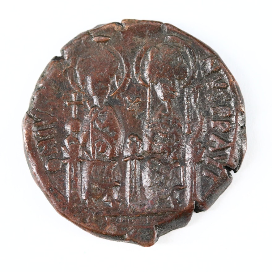 Ancient Byzantine AE Follis Coin of Justin II and Sophia, ca. 570 AD