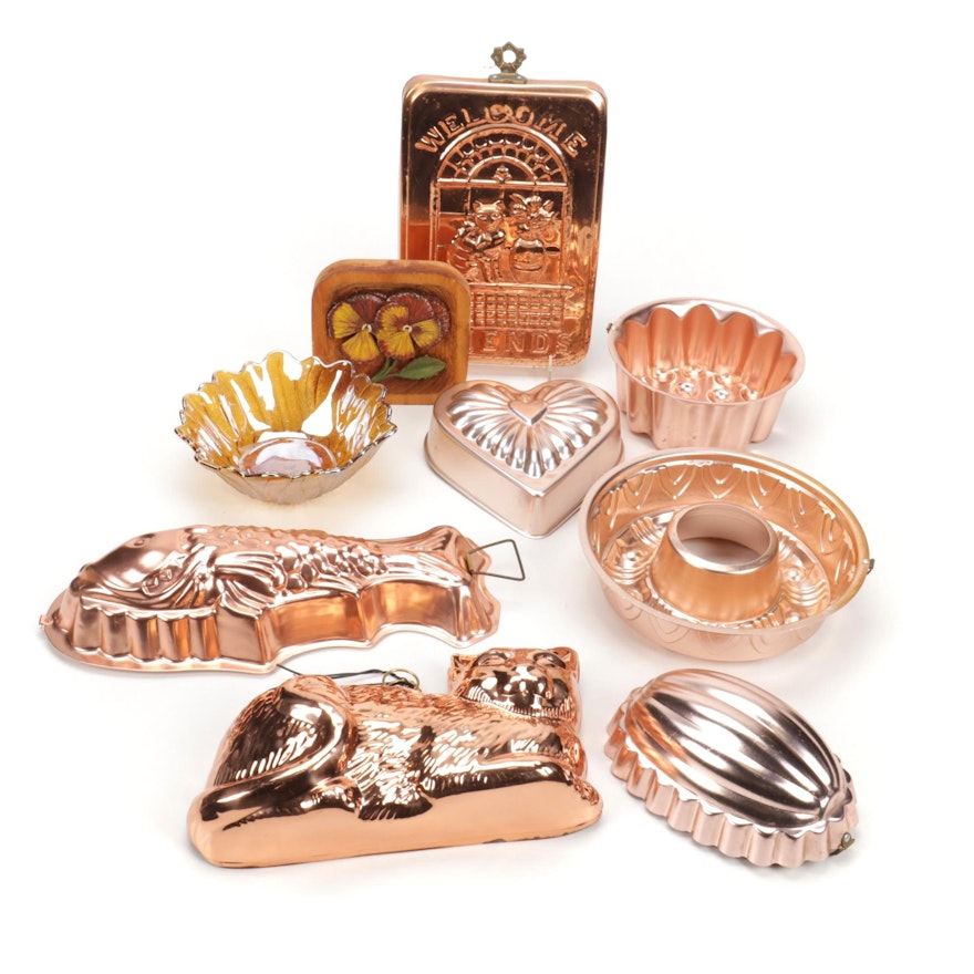 Copper Baking Molds, Carnival Glass Bowl, and Wooden Decor