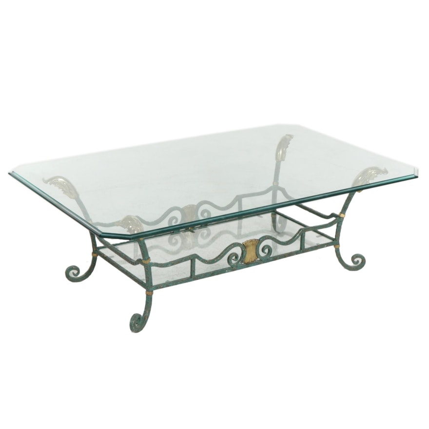 La Barge Glass Top Coffee Table with Brass and Verdigris-Patinated Metal Frame