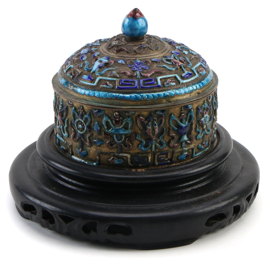 Chinese Style Repoussé Enameled Lidded Round Box on Carved Wood Display Stand