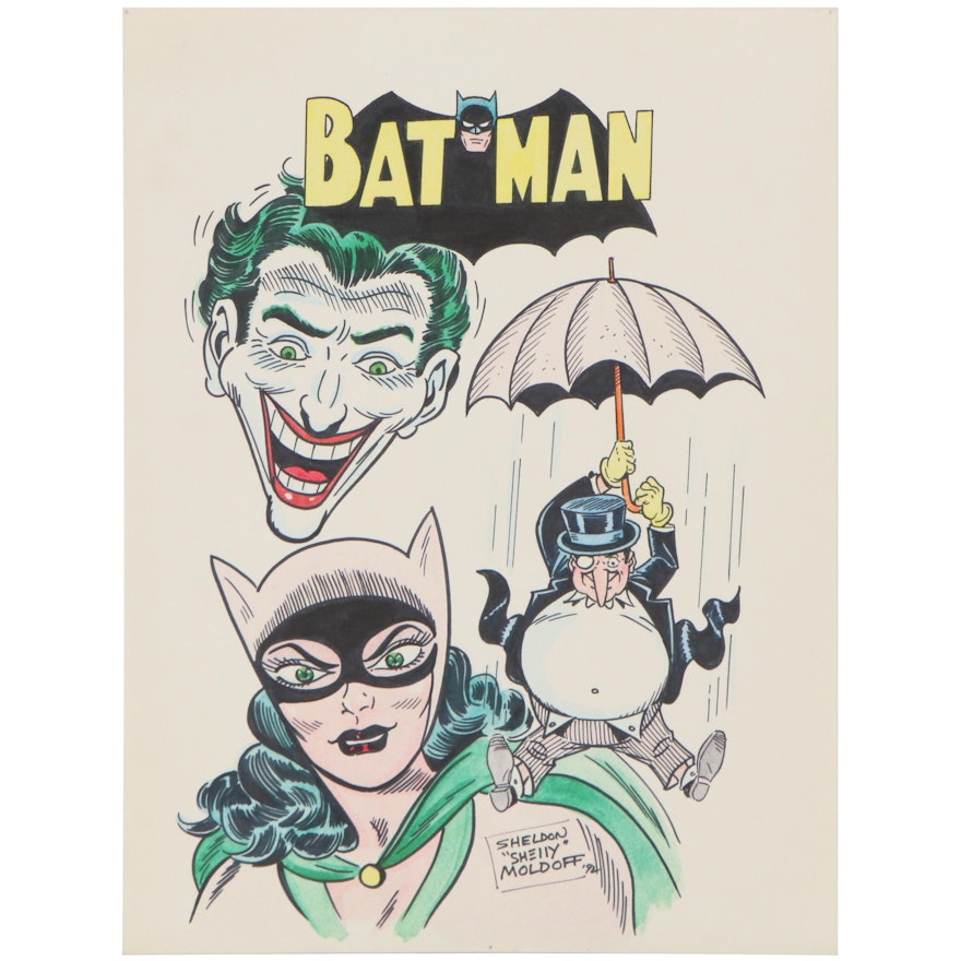 Sheldon Moldoff Batman Villains Ink Illustration, 1992