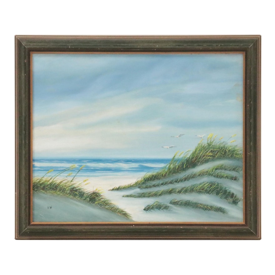 Seaside Landscape Oil Painting with Seagulls, Late 20th Century