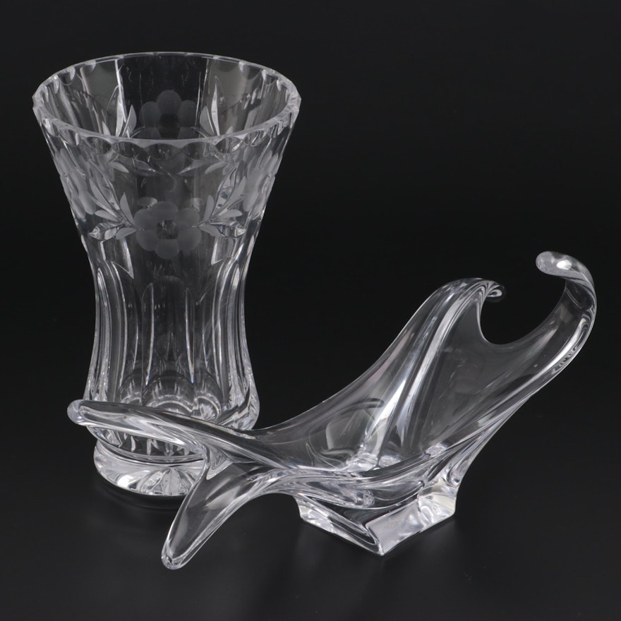 Cofrac French Crystal Free Form Bowl with Other Etched Crystal Vase, Late 20th C