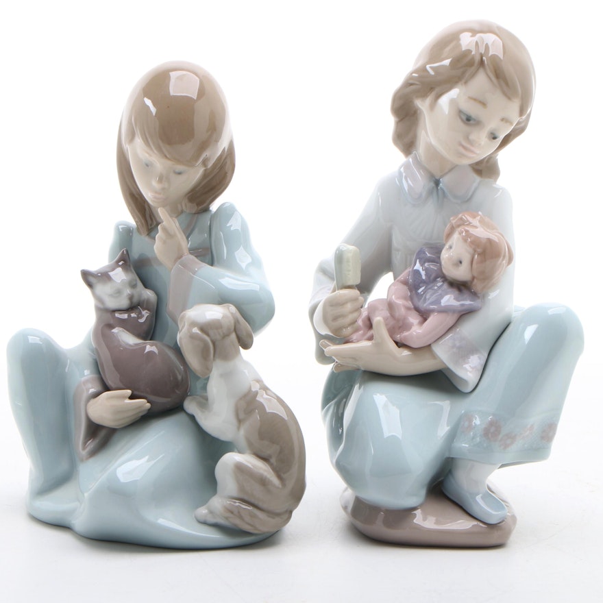 Lladró "Cat Nap" and "Thoughtful Caress" Porcelain Figurines