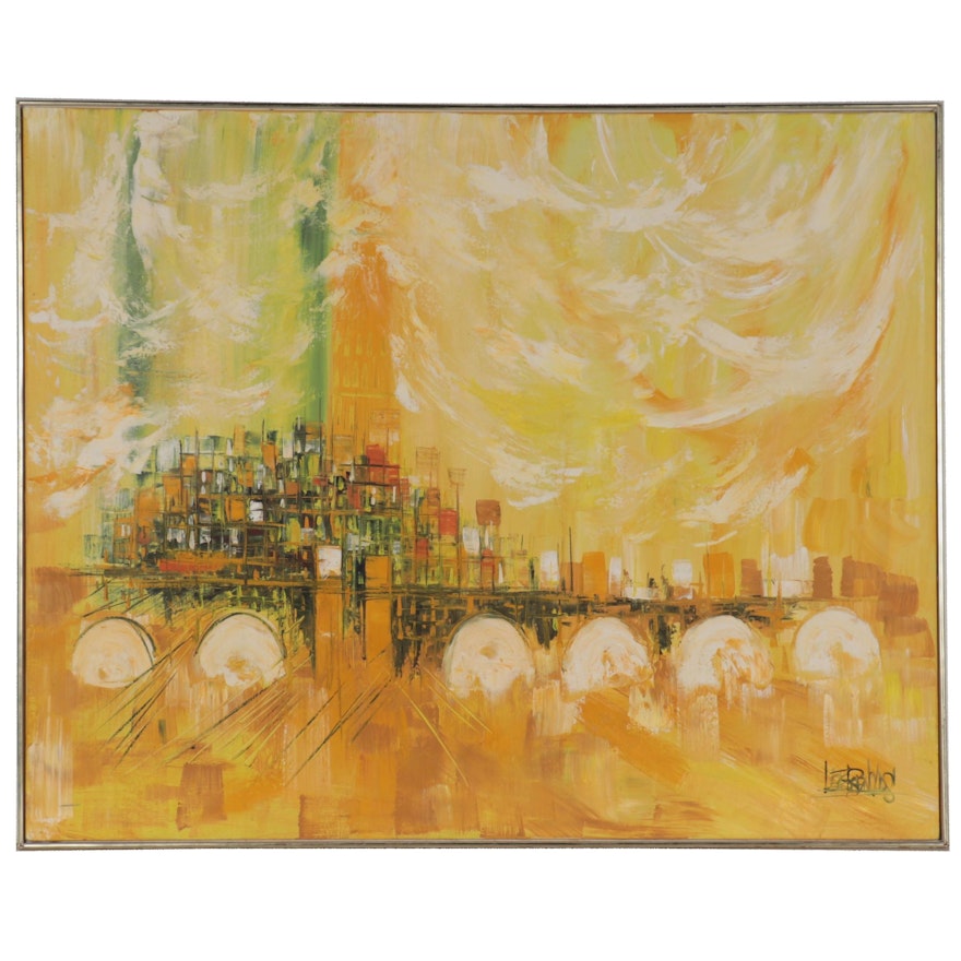 Vanguard Studios Abstracted Cityscape Oil Painting, Circa 1970