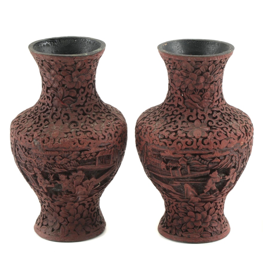 Chinese Carved Cinnebar Lacquer Vases
