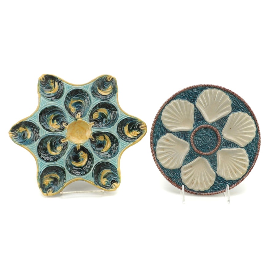 French Majolica Barbotine Palissy Style Star Shaped and Another Oyster Plates