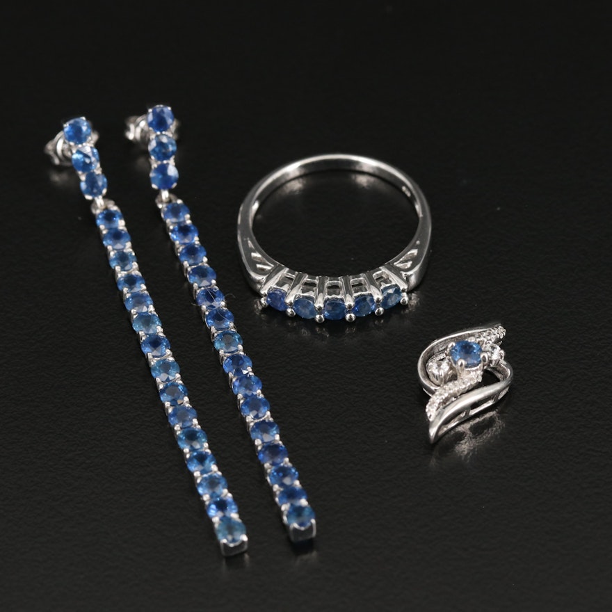 Sterling Pendant, Earrings and Ring Including Sapphire and Zircon