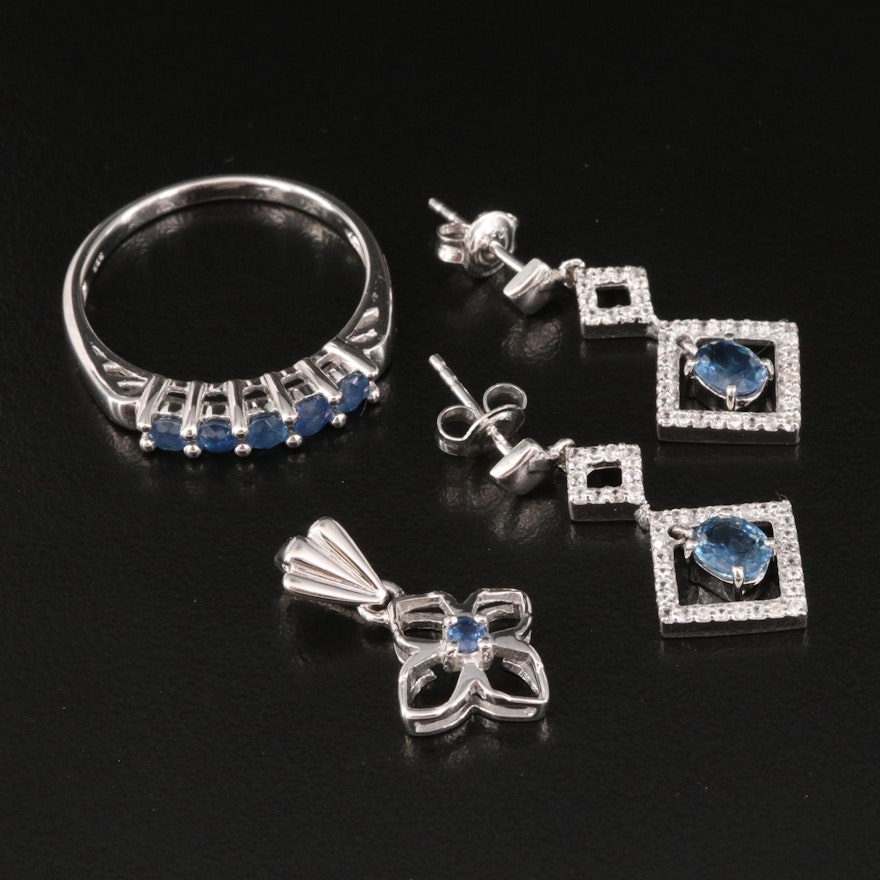 Sterling Silver Ring, Pendant and Earrings Featuring Sapphire and Zircon