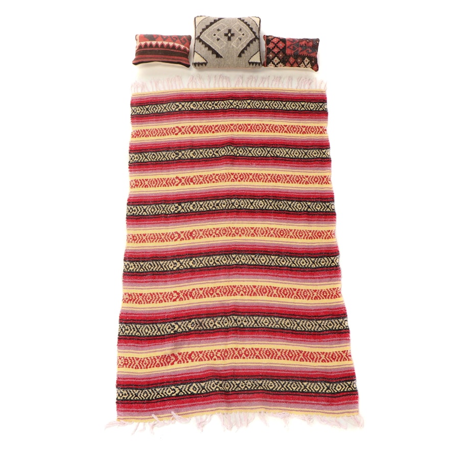 Handwoven Twill Throw Blanket and Kilim Face Accent Pillows