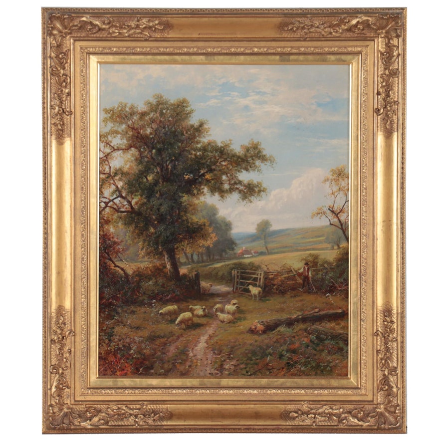 British School Pastoral Landscape Oil Painting, 1899