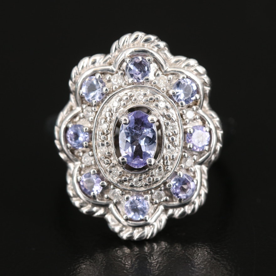 Sterling Diamond and Tanzanite Ring with Scallop Detail