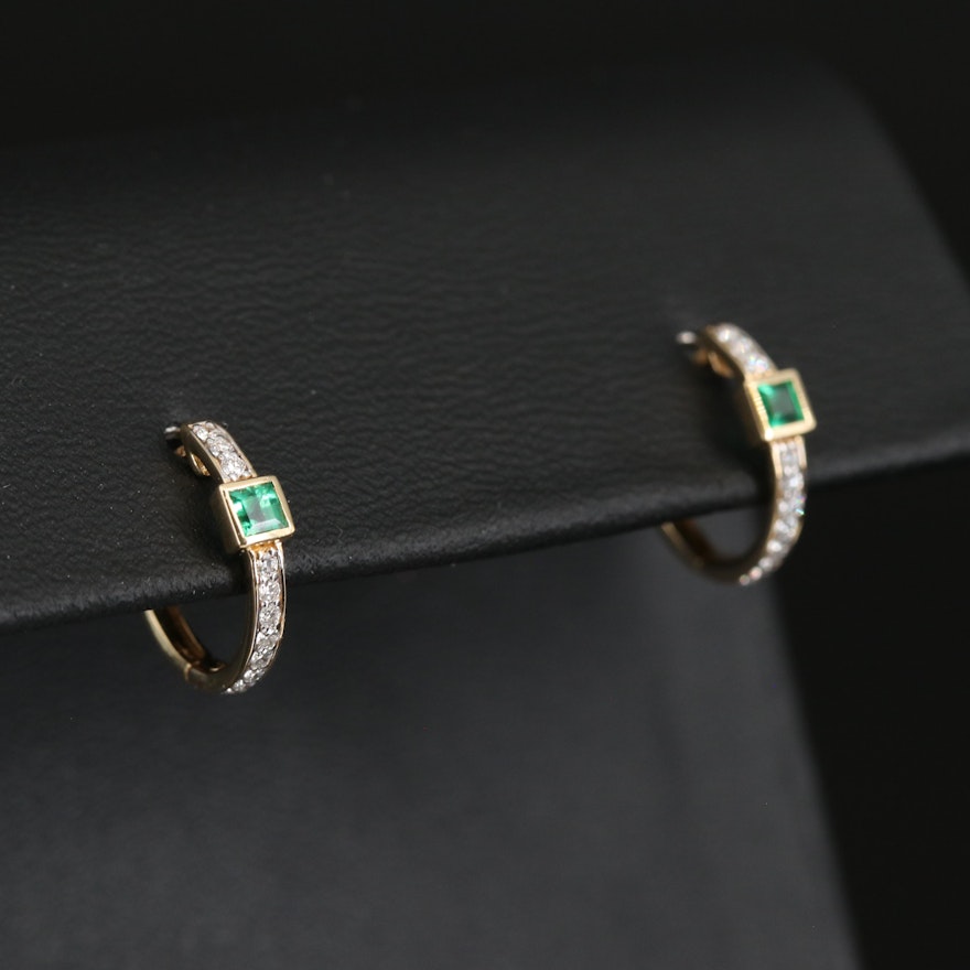 18K Emerald and Diamond Huggie Earrings