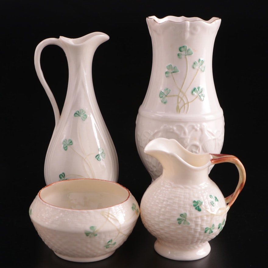 Belleek "Shamrock" Glendalough Vase with Ewer, Mini Creamer and Sugar