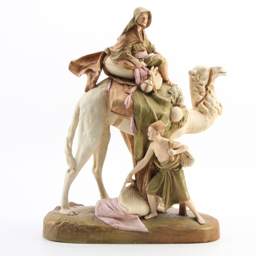 Royal Dux Bohemia Porcelain Figurine of Bedouin Camel Rider with Attendant