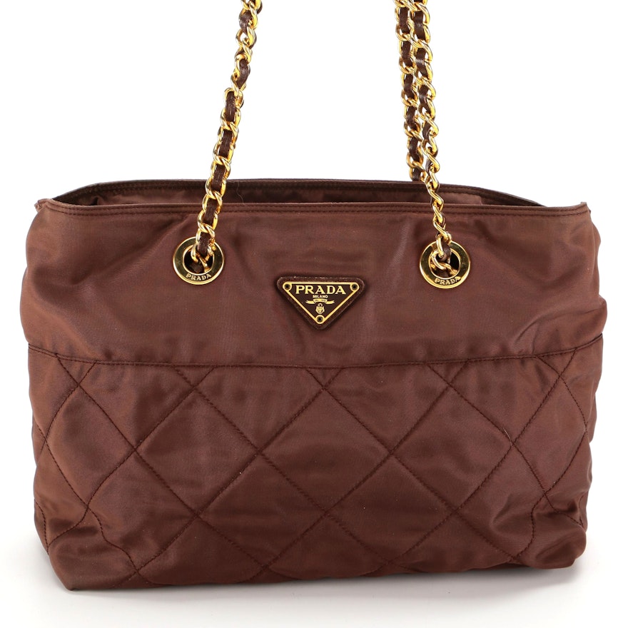 Prada Quilted Brown Tessuto Nylon Shoulder Bag with Leather and Chain Strap