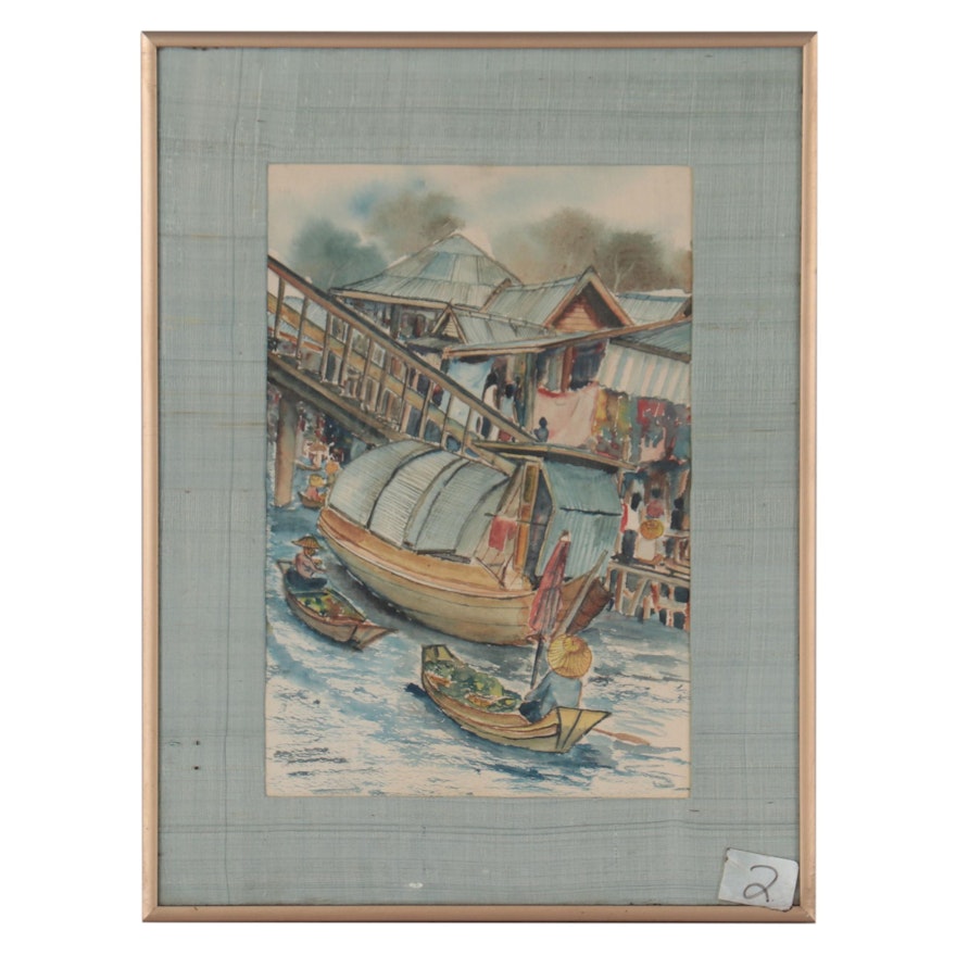 Watercolor Painting of East Asian Canal Scene