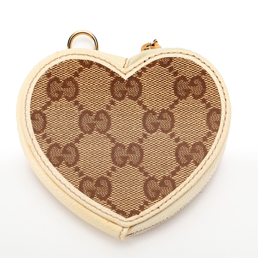 Gucci Heart Coin Purse in GG Canvas with Leather Trim