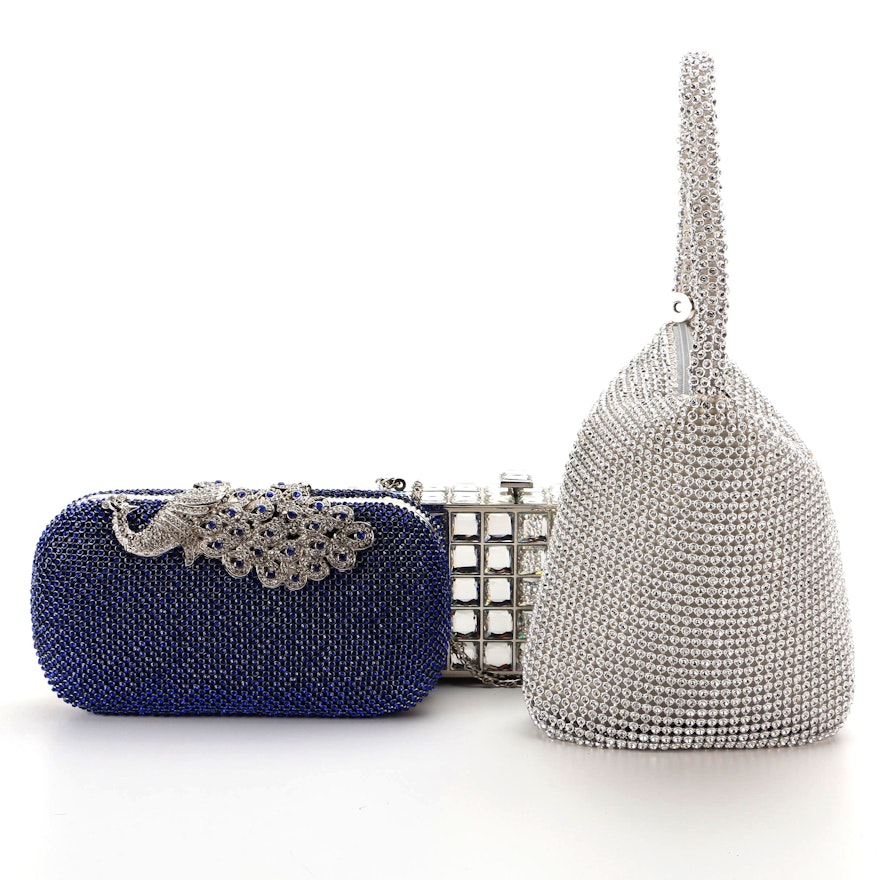 Adrienne Rhinestone Peacock Clasp Clutch, Embellished Minaudière and More
