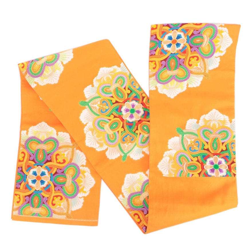 Colorful Corded Floral Medallion Orange Silk Fukuro Obi, Shōwa Period