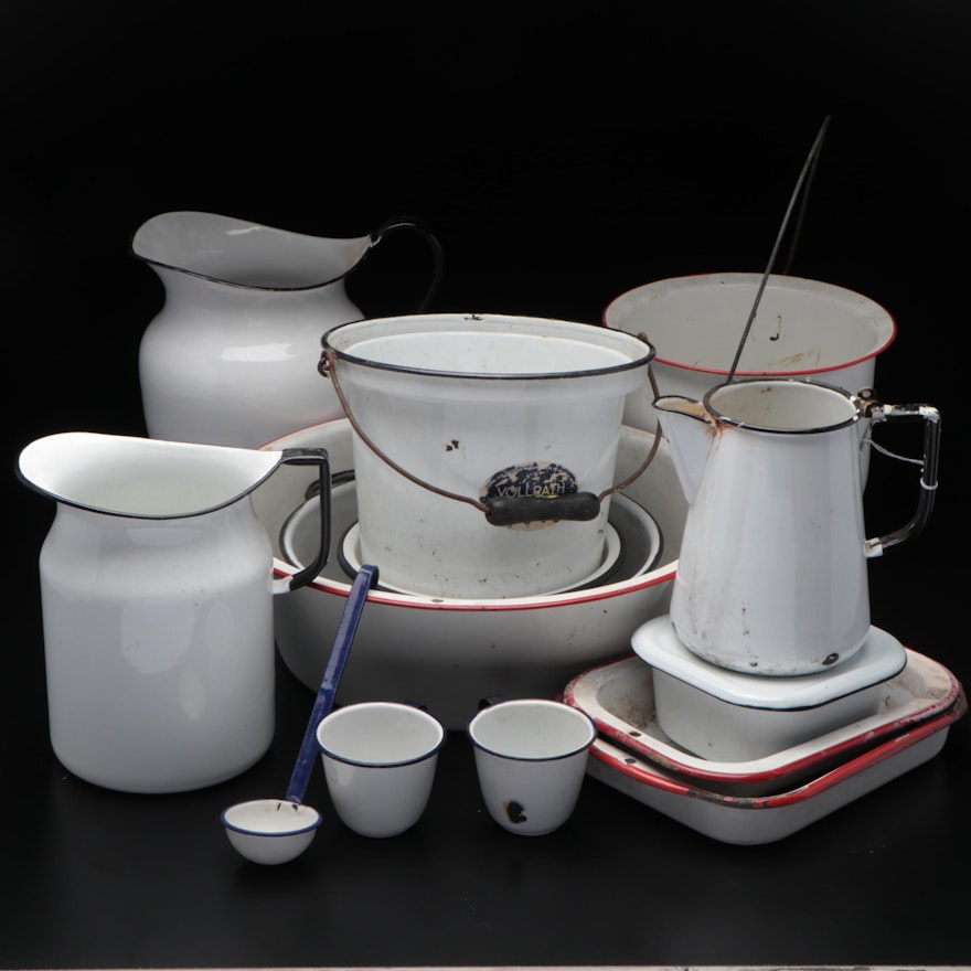 Enamelware Pitchers and Bowls with Cookware