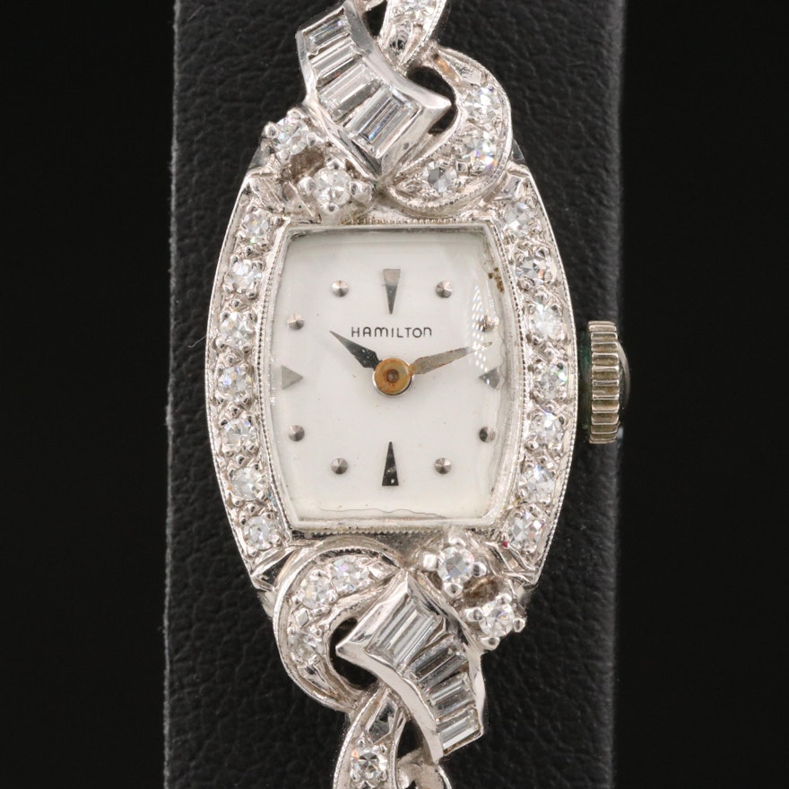 Vintage Hamilton Diamond and 14K White Gold Stem Wind Wristwatch