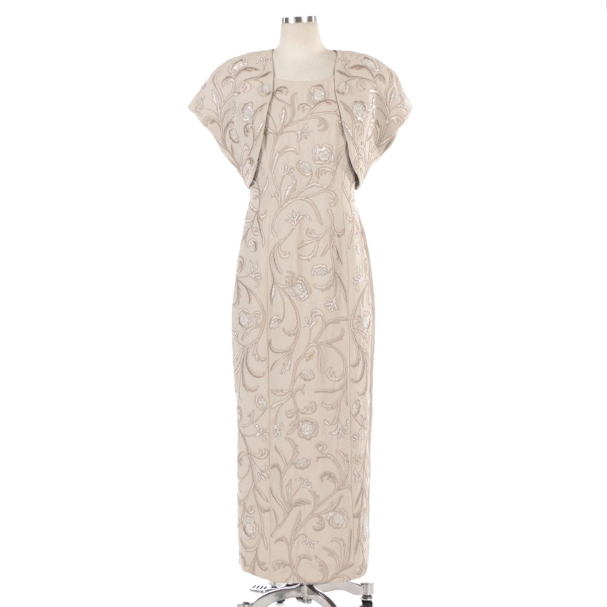 Carmen Marc Valvo Beaded and Floral Embroidered Dress Set in Light Taupe