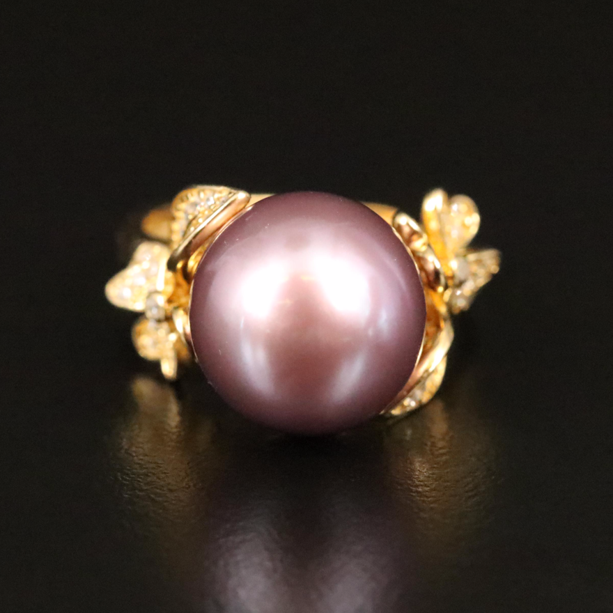 Sterling Pearl and Cubic Zirconia Ring with Floral Shoulders