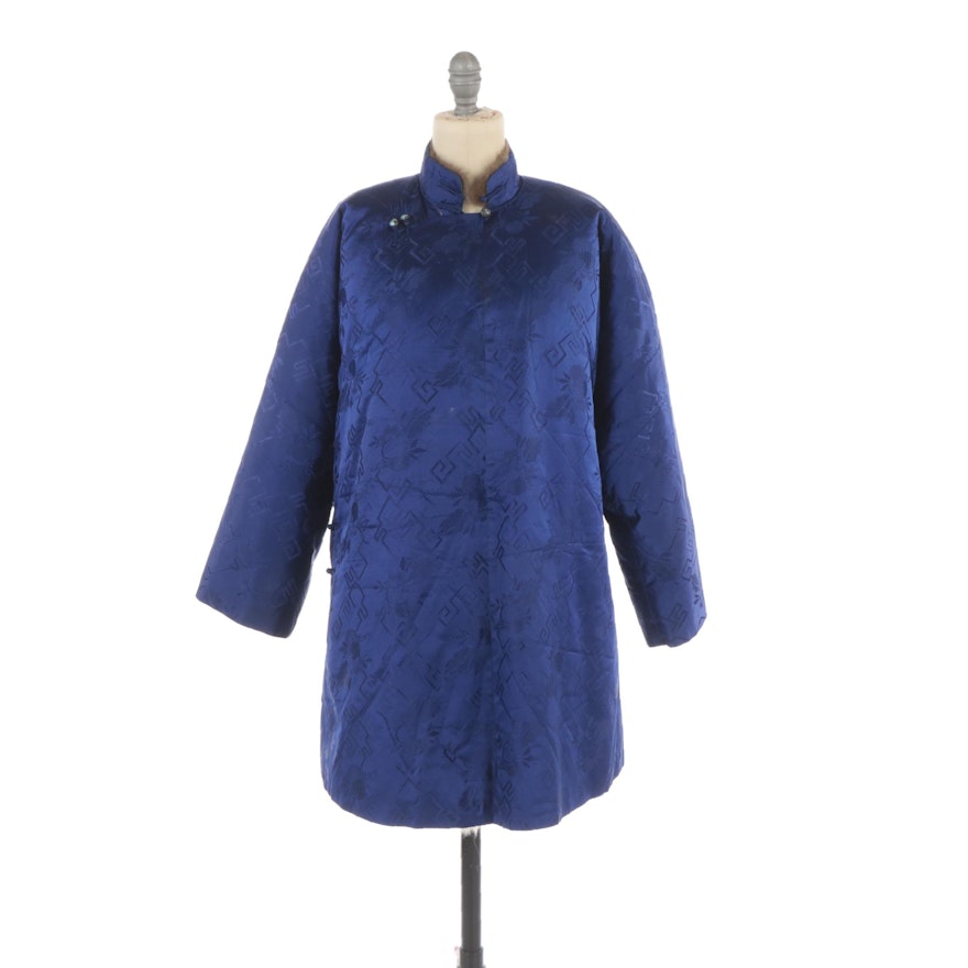 Chinese Blue Silk Brocade Sheep and Rabbit Fur Lined Jacket