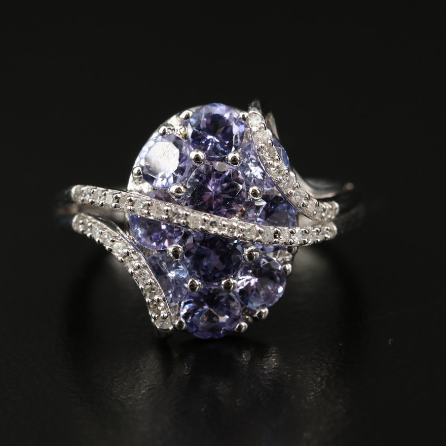 Sterling Silver Tanzanite and Diamond Crossover Cluster Ring