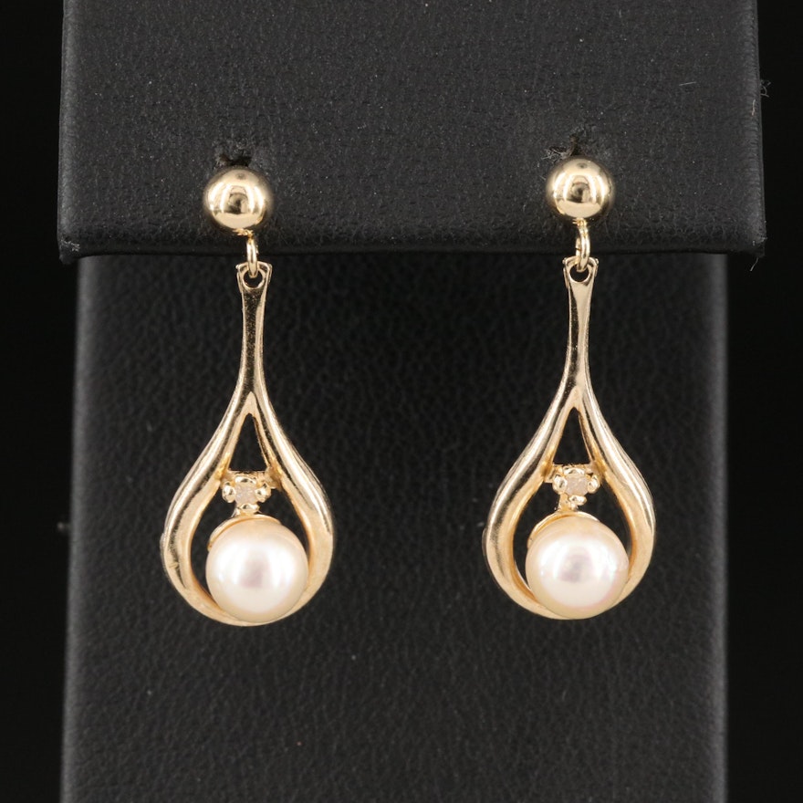 14K Pearl and Diamond Drop Earrings