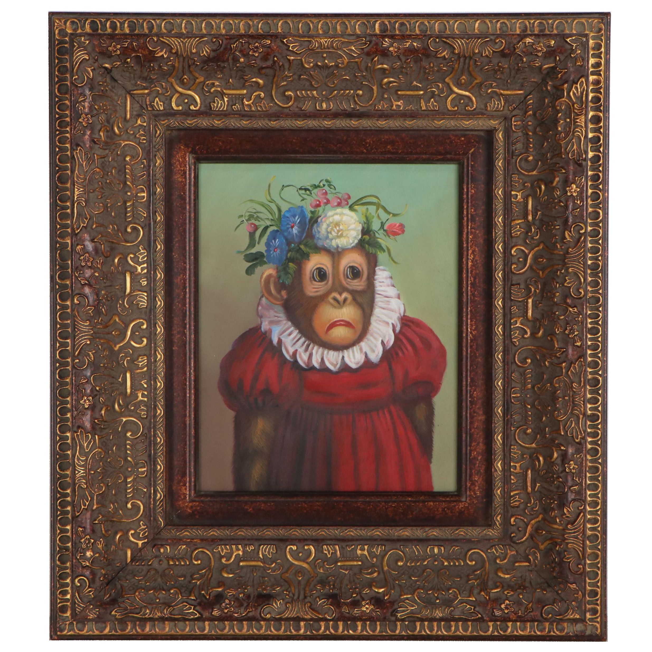 Anthropomorphic Oil Painting of Chimpanzee in Dress and Flower Crown