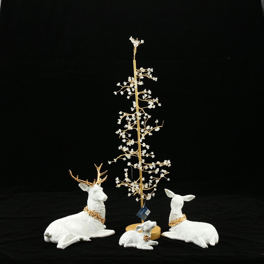 Robert Stanley Decorative Christmas Tree and White Porcelain Deer Figurines
