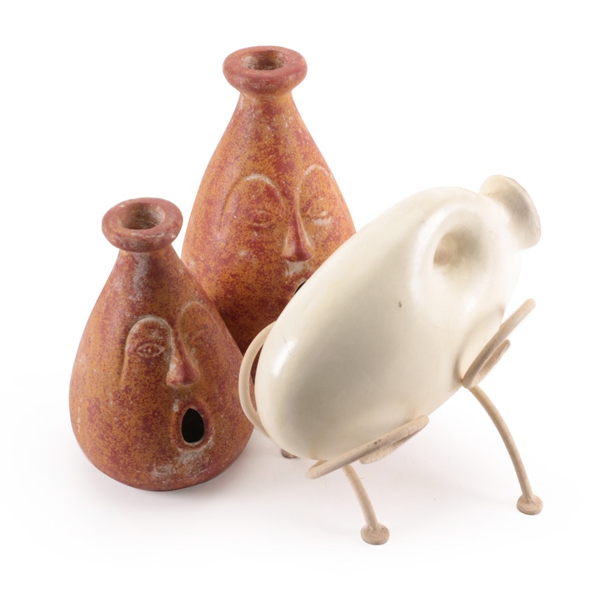 Earthenware Open Mouth Face Vessels with Pottery Jug on Stand
