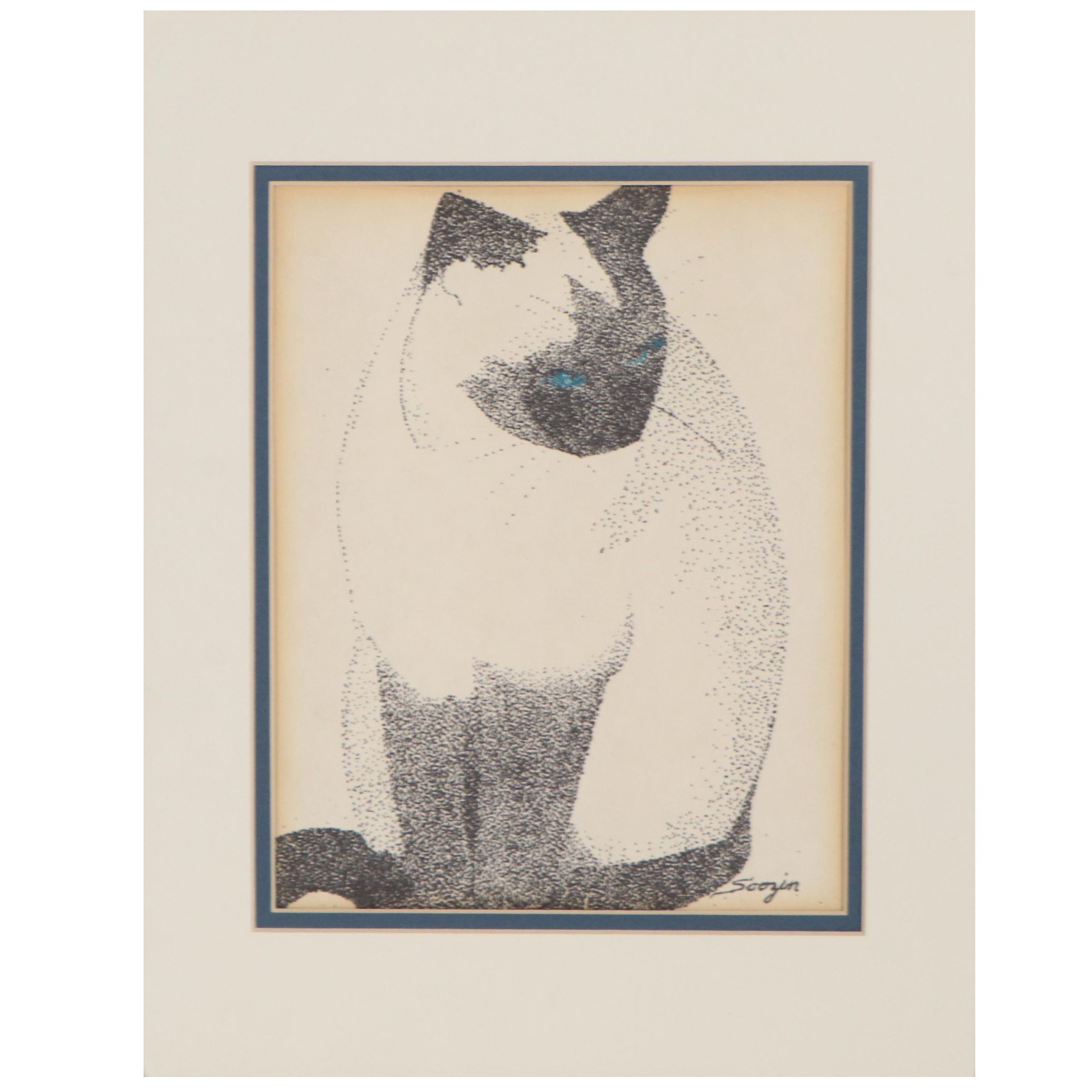 Stippled Ink Drawing of Siamese Cat, Late 20th Century