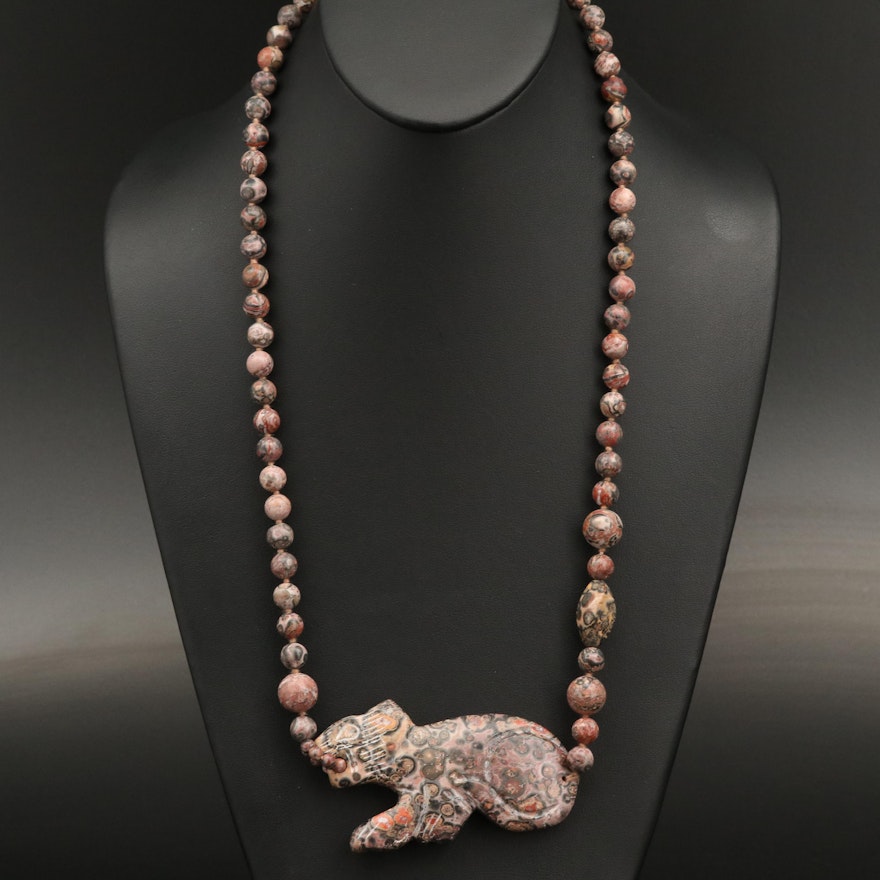 Carved Jasper Feline Pendant Necklace