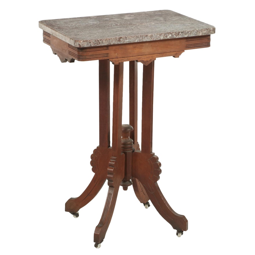 Victorian Eastlake Style Walnut and Marble Top Side Table, Late 19th Century